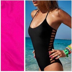 NWOT Hot Pink Ribbed Lattice Side One Piece Swim Suit